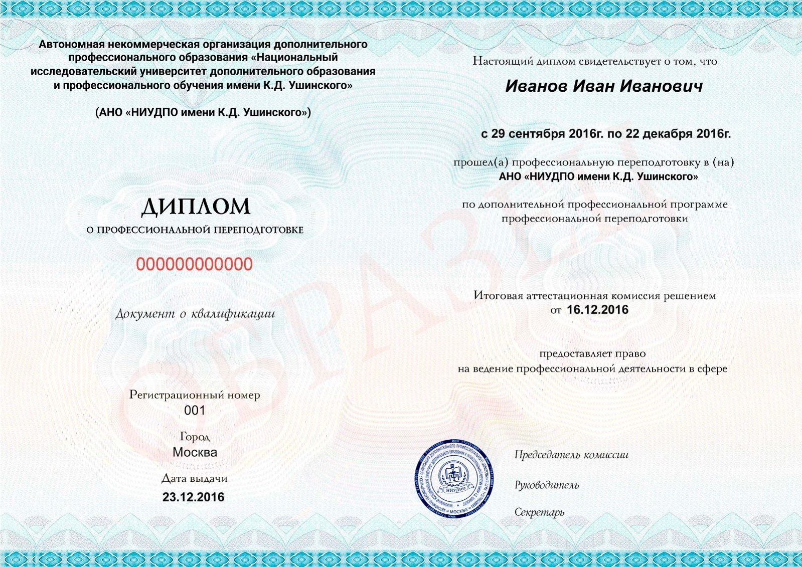 Диплом АНО «НИУДПО имени К.Д. Ушинского»